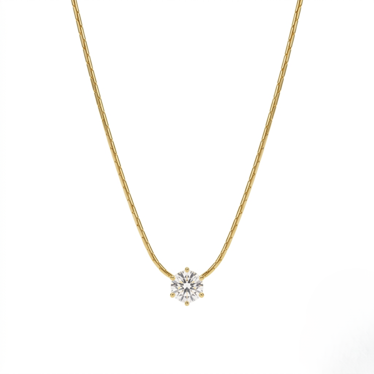 Gold necklace with a diamond pendant on a white background