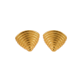 18kt gold plated ribbed croissant style triangular studs floating on white background.