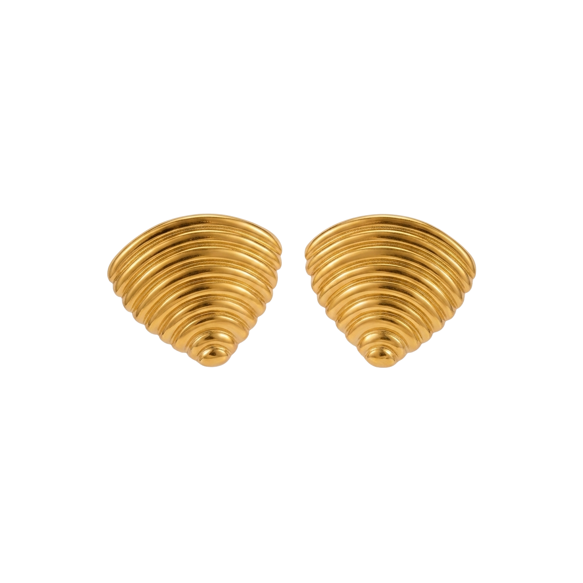18kt gold plated ribbed croissant style triangular studs floating on white background.