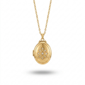 A gold oval locket necklace with a floral starburst design set with small clear stones in the center, hanging from a delicate gold chain against a white background.