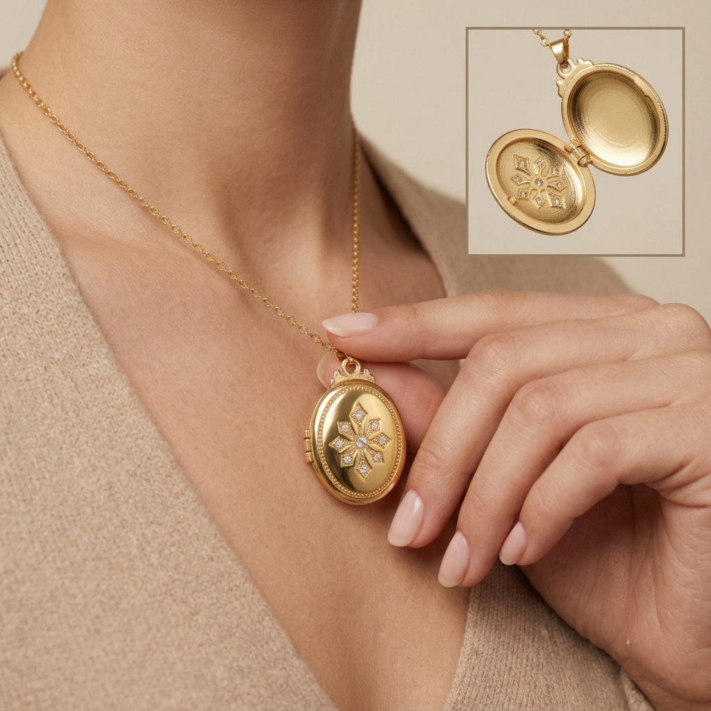 A gold oval locket necklace with a floral engraving, shown worn on a model's neck with a hand resting near it. A small inset in the top right shows the locket open, revealing a polished interior.