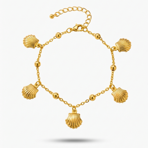 18kt gold plated bracelet with shell charms floated on a white background.