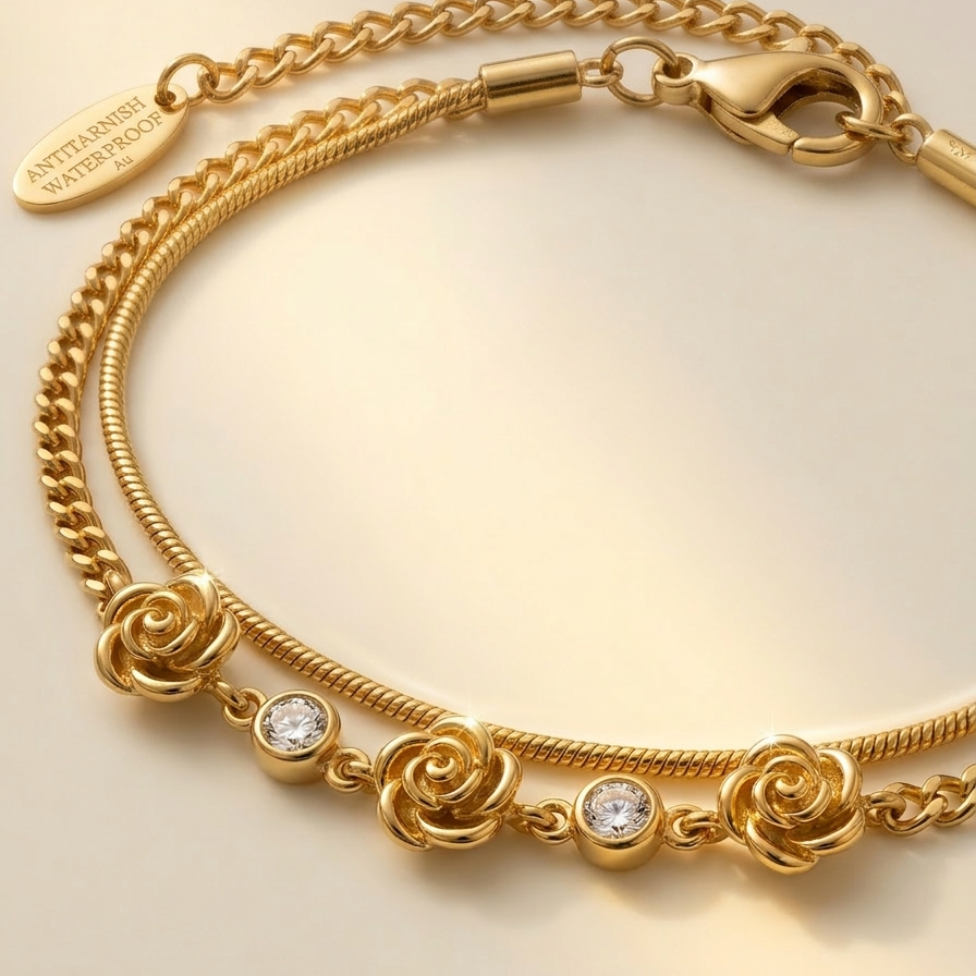 18k gold plated double chain bracelet featuring sculpted rose charms and crystal accents, resting on a matte white surface.