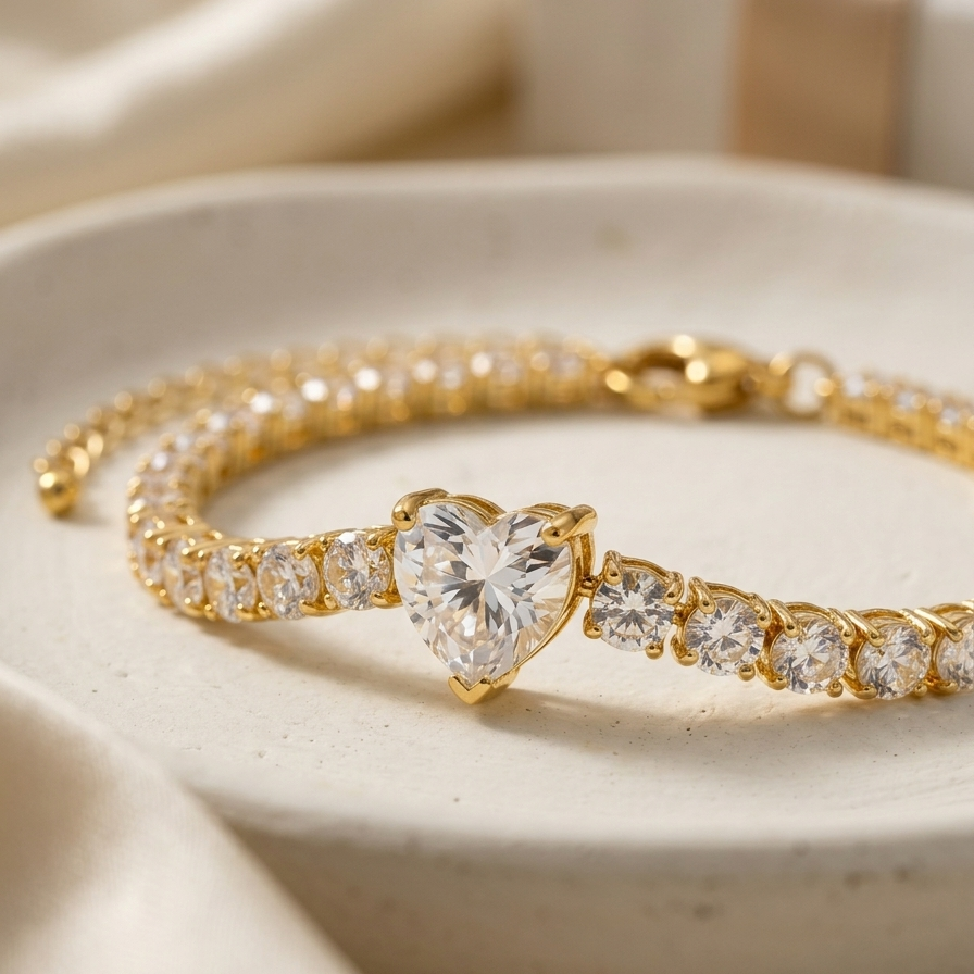 Close up of 18k gold plated tennis bracelet featuring a row of CZ diamonds and a prominent heart-shaped center diamond.