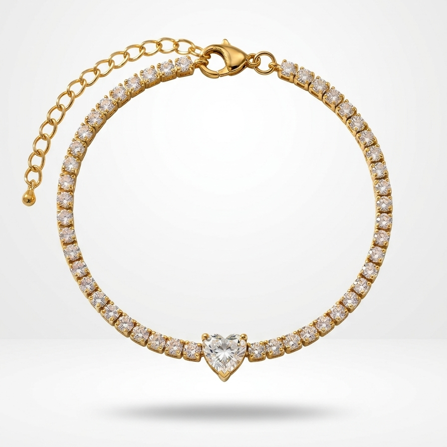 18k gold plated tennis bracelet featuring a row of CZ diamonds and a prominent heart-shaped center diamond.