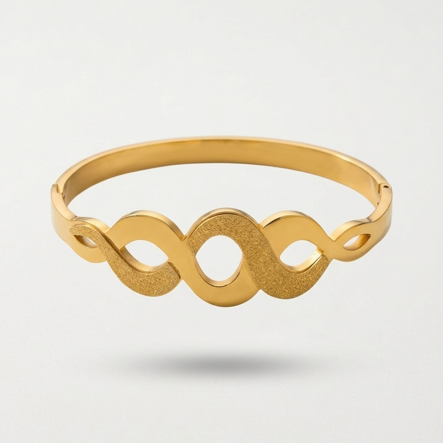 18k gold plated bangle bracelet featuring an infinity wave cutout design with alternating polished and frosted gold textures.