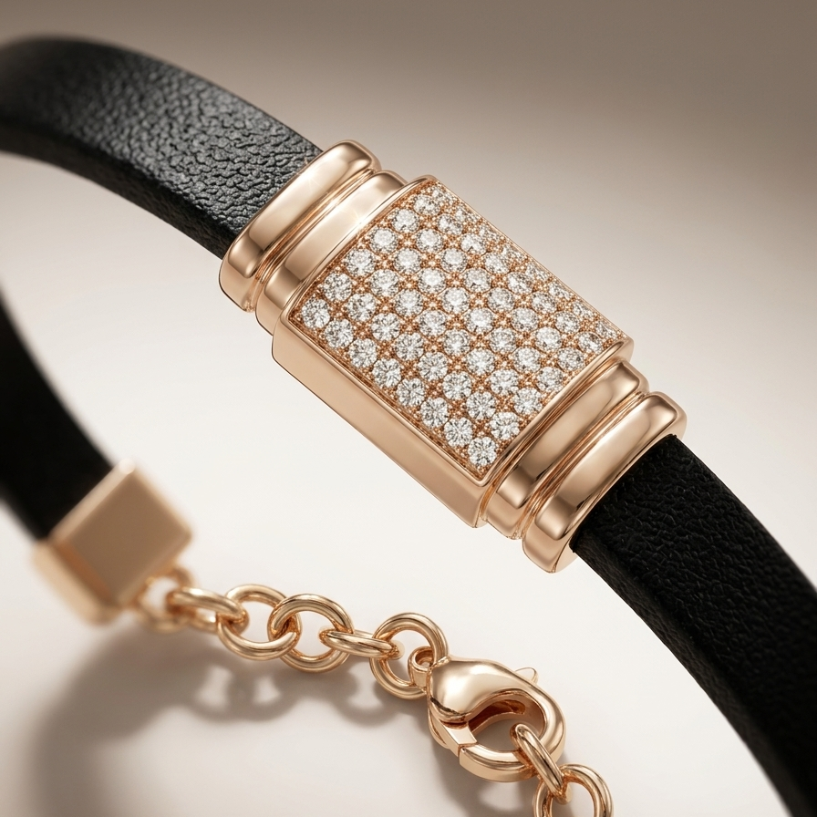A sporty black ribbed bracelet featuring a bold, rectangular 18k gold plated clasp covered in pave CZ diamonds.
