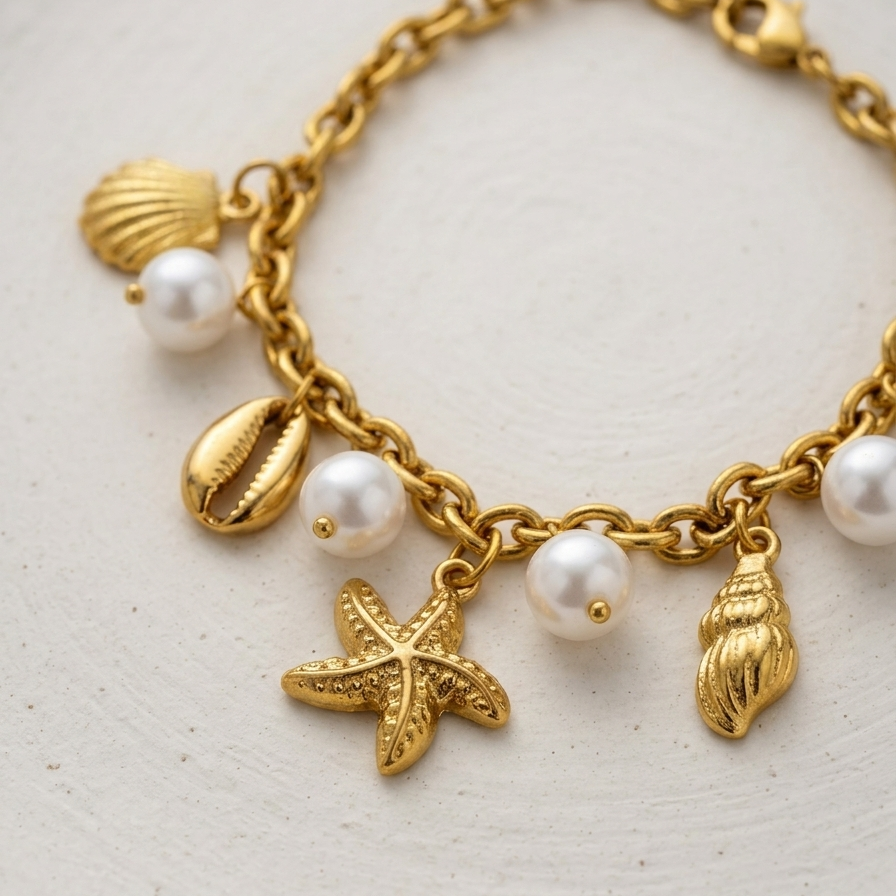 18k gold plated chain bracelet adorned with dangling charms including golden starfish, seashells, and white pearls.
