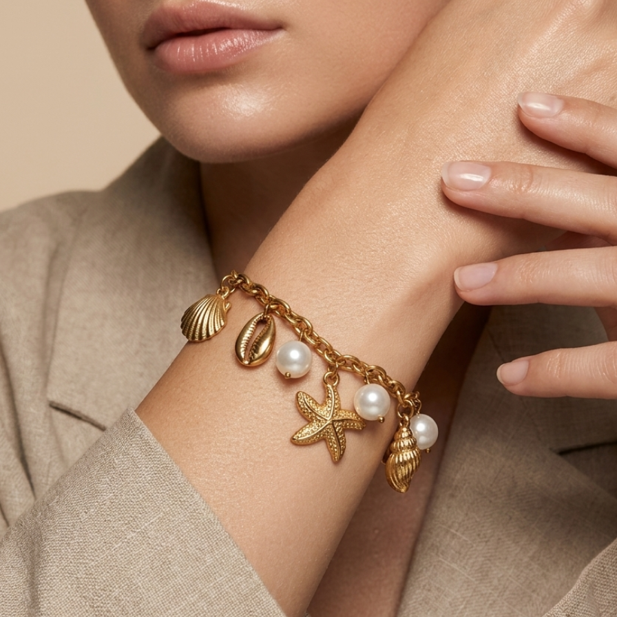 18k gold plated chain bracelet adorned with dangling charms including golden starfish, seashells, and white pearls.