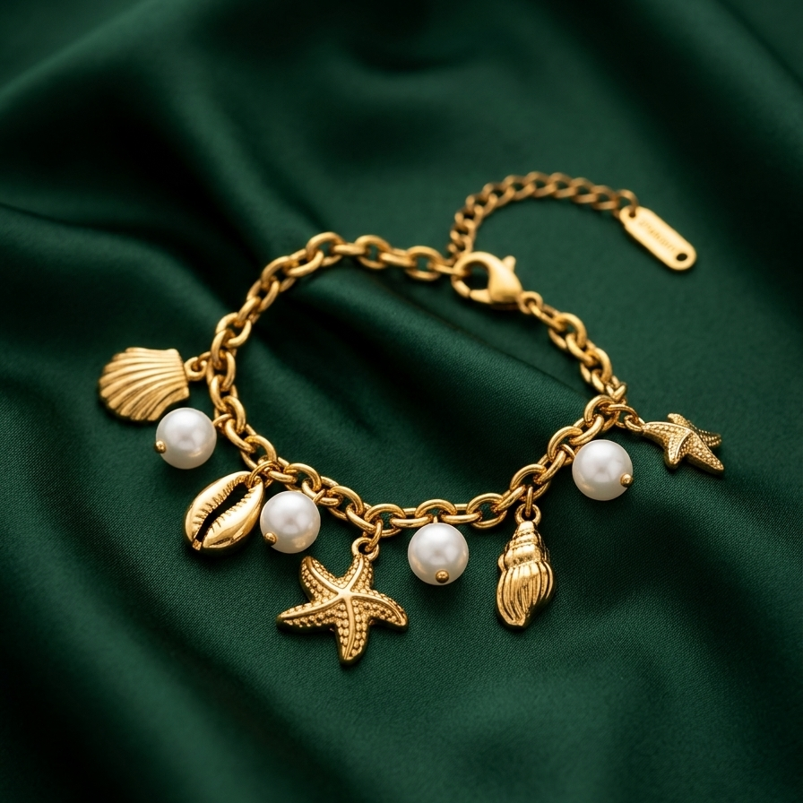18k gold plated chain bracelet adorned with dangling charms including golden starfish, seashells, and white pearls.