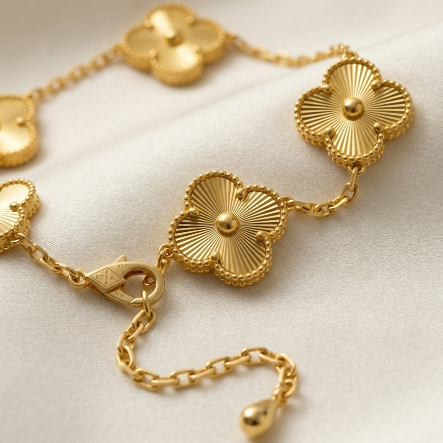 Close up of 18k gold plated delicate chain bracelet featuring five textured four-leaf clover motifs, resting vertically on a matte white surface.