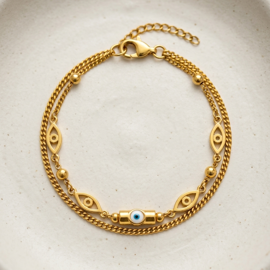18k gold plated double chain bracelet featuring a central blue and white evil eye charm flanked by golden eye motifs and beads.