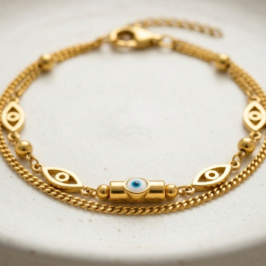 18k gold plated double chain bracelet featuring a central blue and white evil eye charm flanked by golden eye motifs and beads.