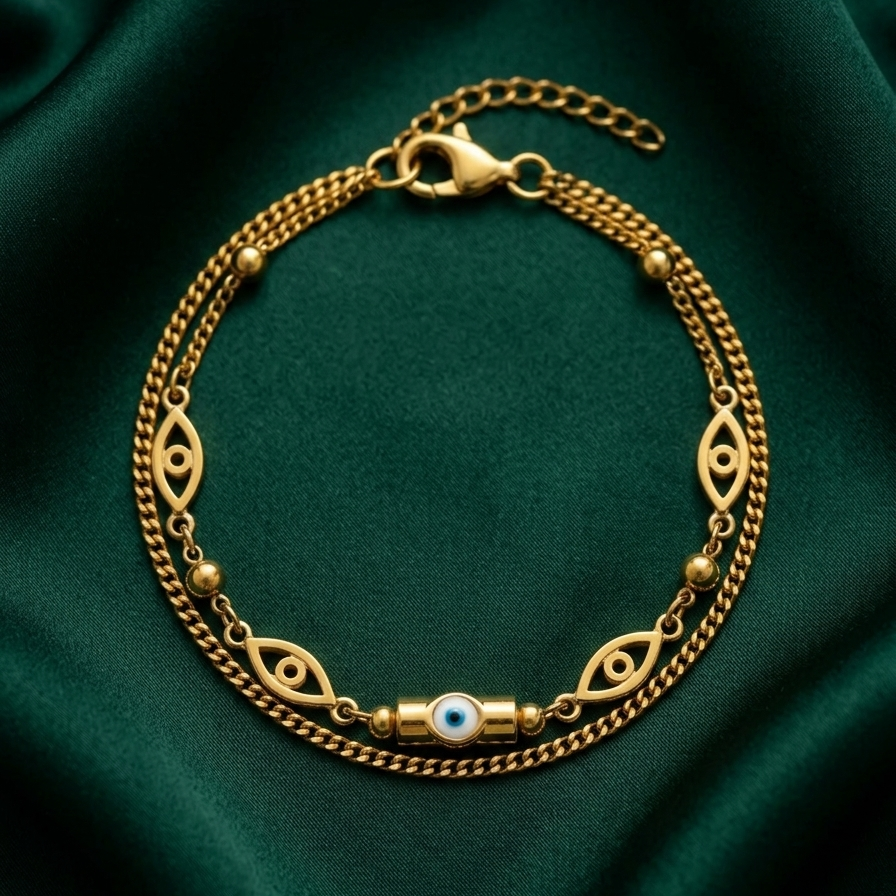 18k gold plated double chain bracelet featuring a central blue and white evil eye charm flanked by golden eye motifs and beads.