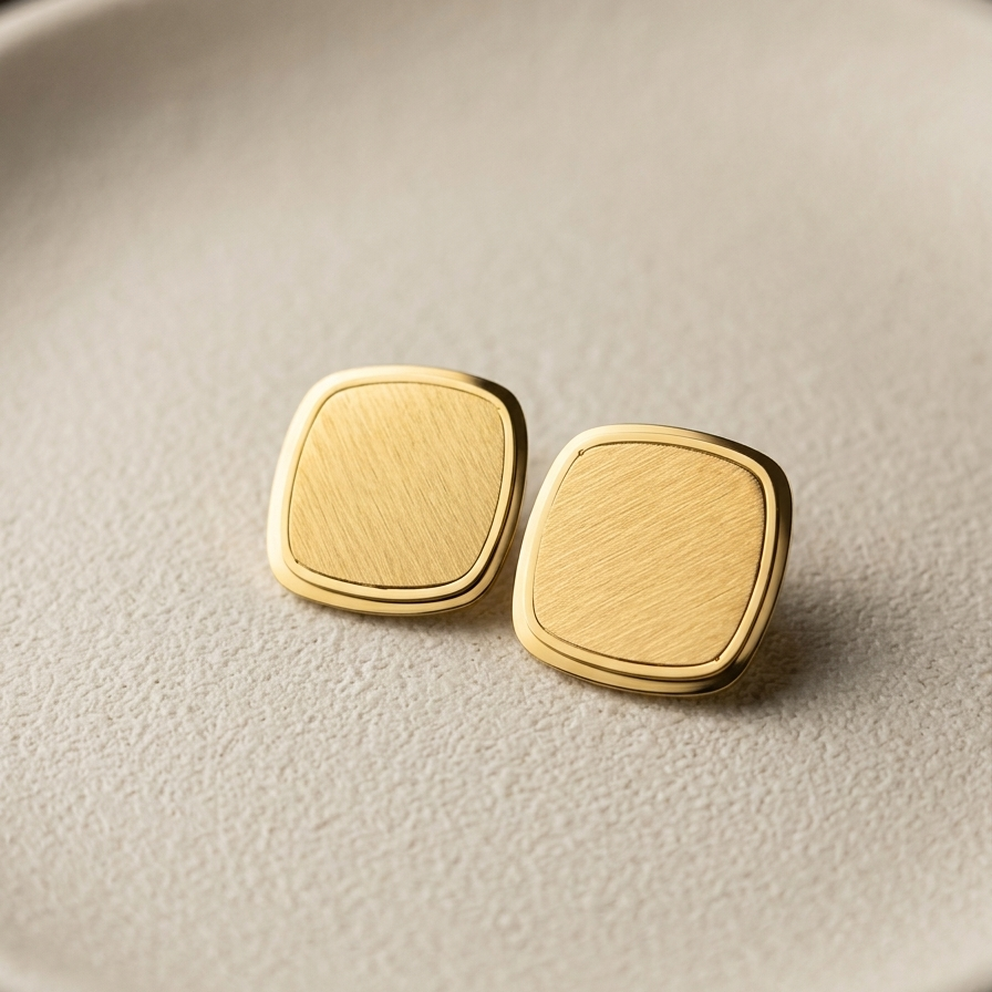 Square 18kt gold plated stud earrings with matte brushed texture and polished rim on white-beige surface.