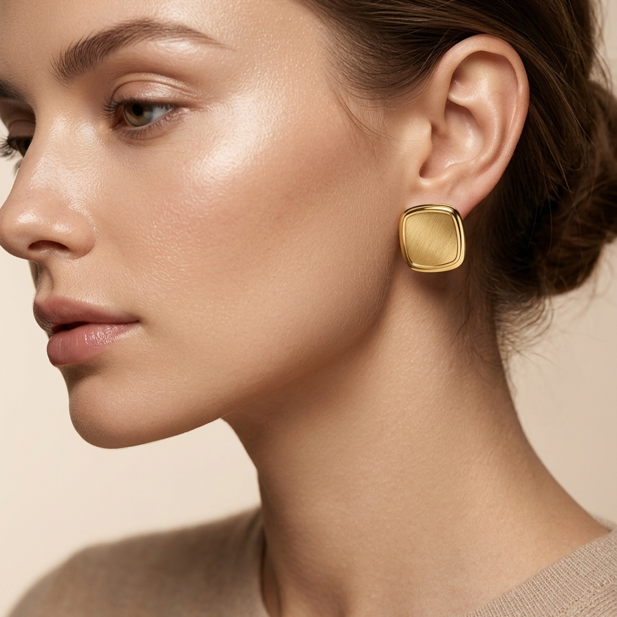Close-up of a woman wearing 18kt gold plated square studs with a neutral background