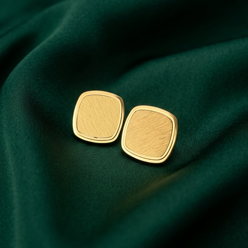 18kt gold plated square studs on a green fabric background