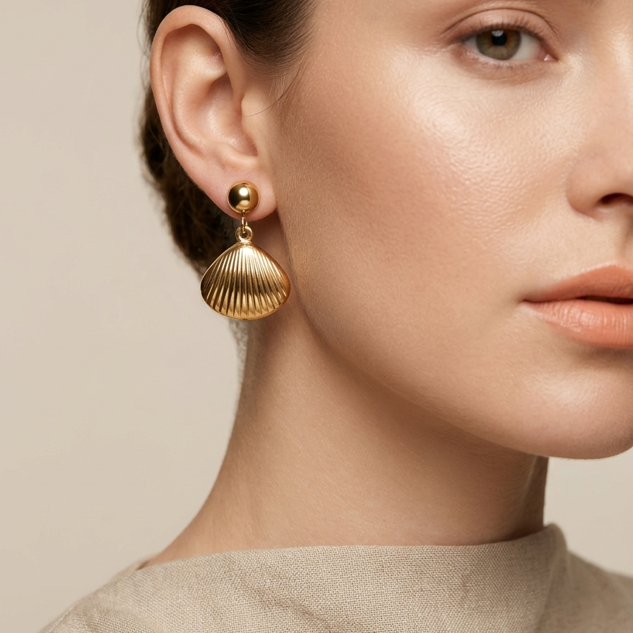 Close-up of a woman wearing 18kt gold plated shell earrings against a neutral background.