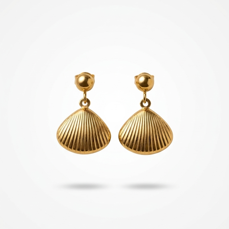18kt gold plated pair of coastal scallop drop earrings on a white background.