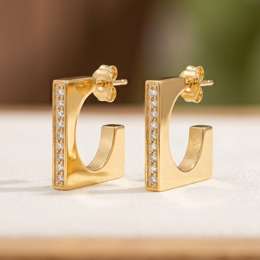 Close-up of 18kt gold plated crystal edge geometric hoops on a wooden surface.