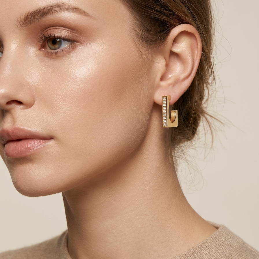 Close-up of a woman wearing 18kt gold plated crystal edge geometric hoops with a neutral background.