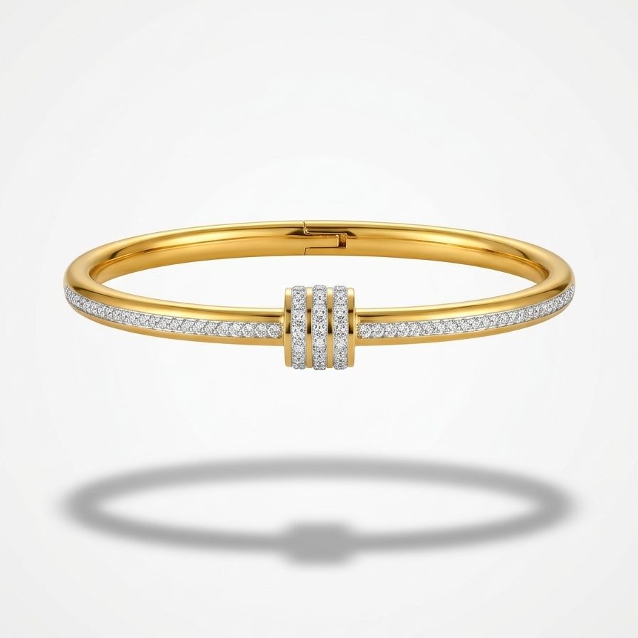 18kt gold plated roller bangle with diamond accents floating on a white background.