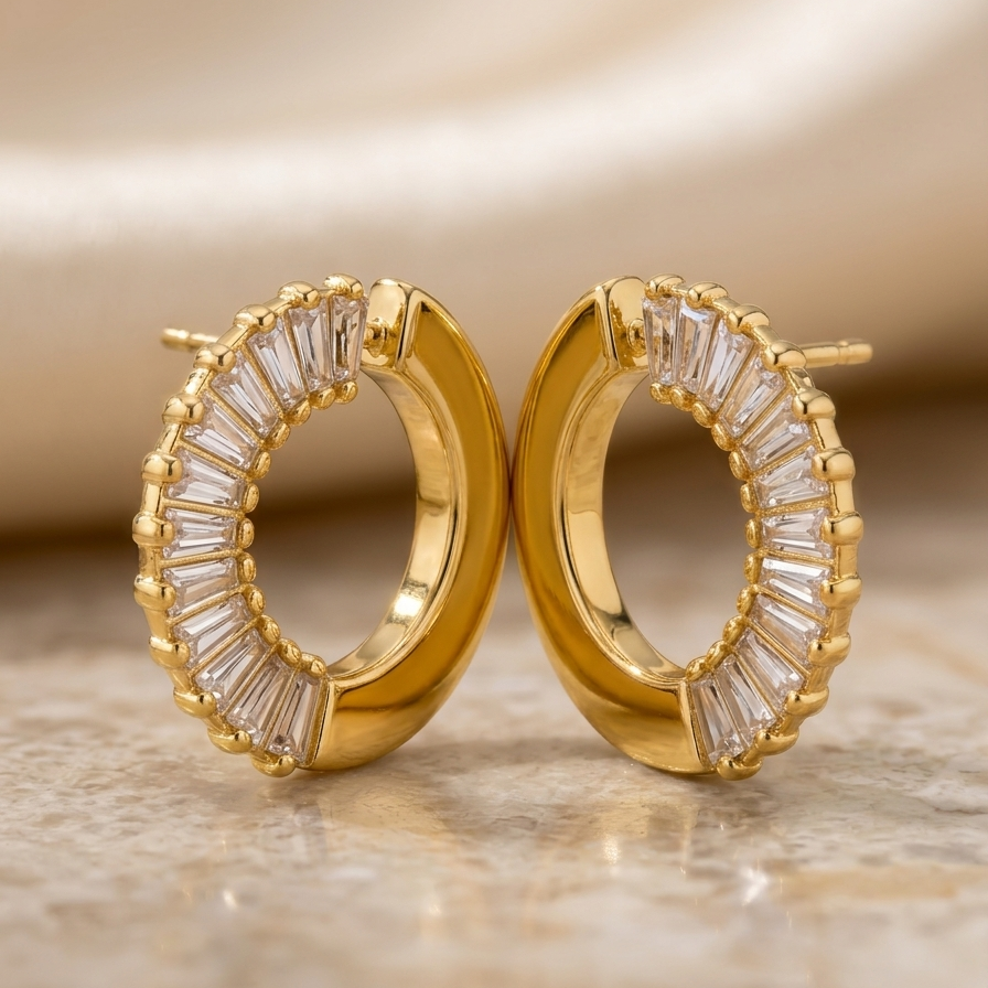 Close up of 18k gold plated open hoop earrings featuring baguette cut CZ diamonds on one half and smooth gold on the other.