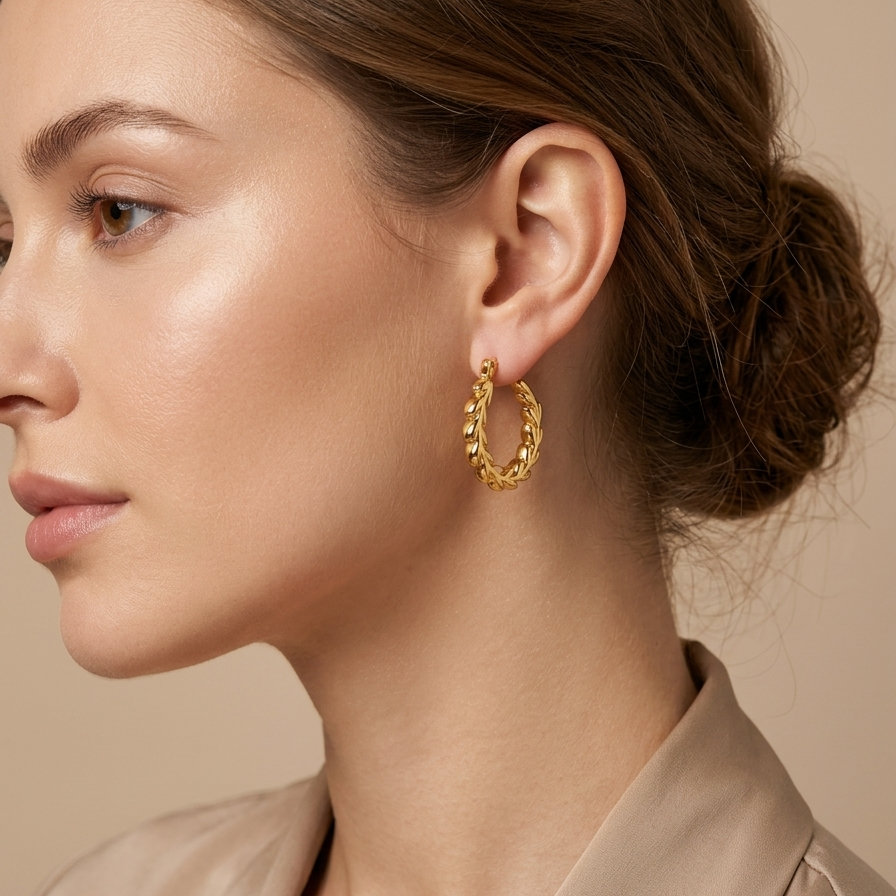 Close-up of a woman wearing 18k gold plated hoop earrings with an intricate braided vine and leaf texture, against a beige background