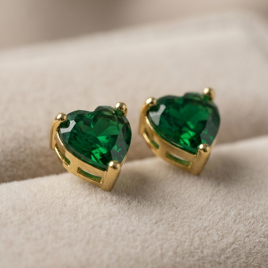 Close up of Heart-shaped green gemstone earrings with gold settings on a soft surface