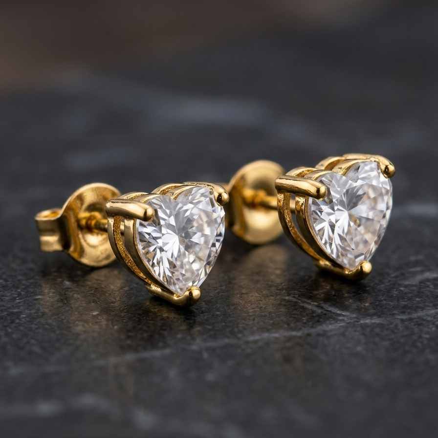 Macro shot of 18k gold plated stud earrings featuring a clear, sparkling heart-shaped diamond on a dark marble surface.