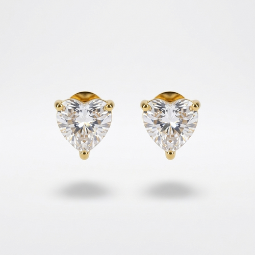 18k gold plated stud earrings featuring a clear, sparkling heart-shaped diamond on light grey background.