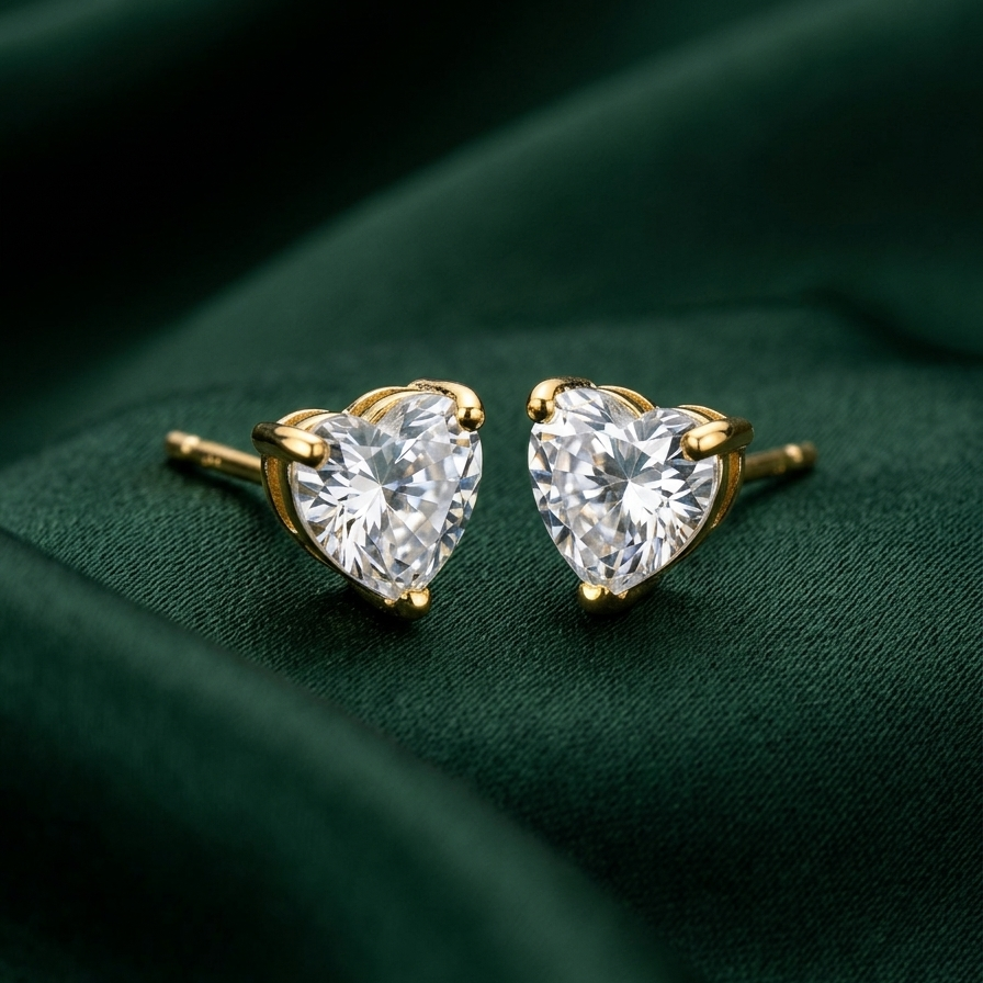 18k gold plated stud earrings featuring a clear, sparkling heart-shaped diamond on a green silk fabric.