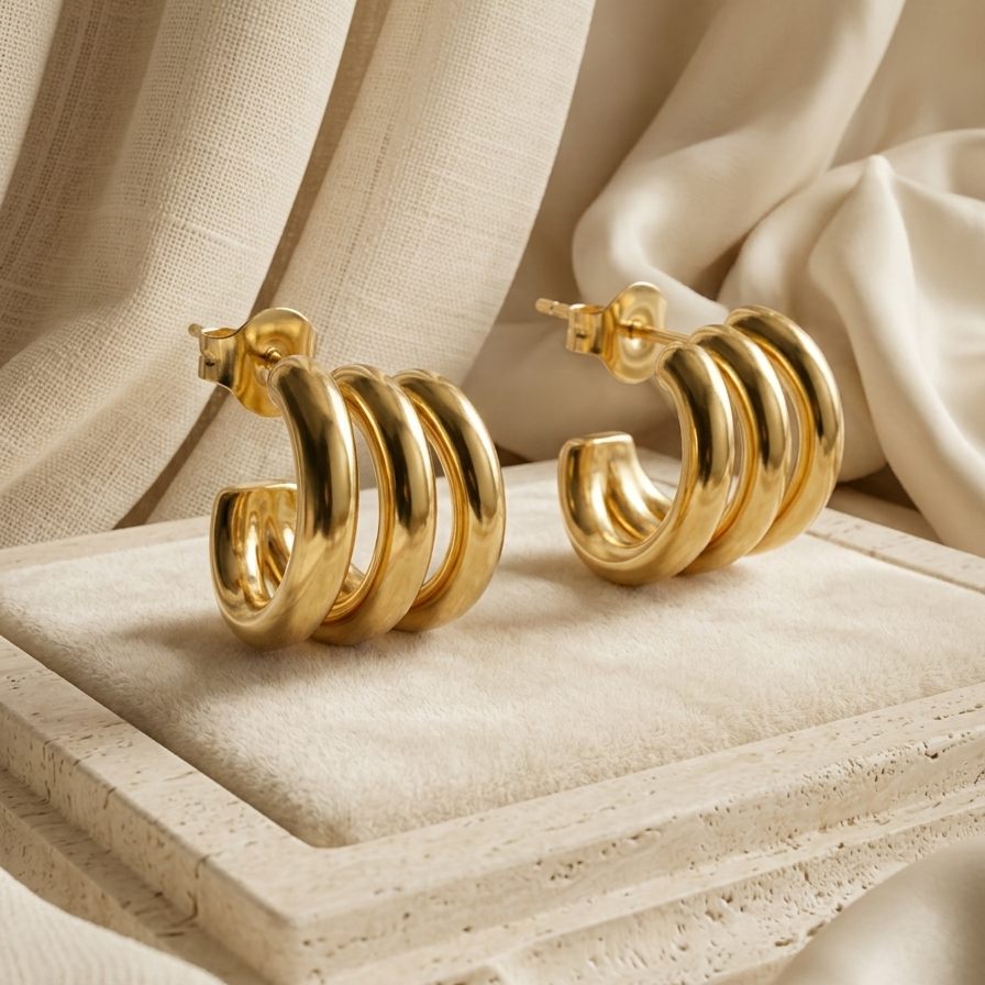 Pair of 18k gold plated hoop earrings featuring a stacked, triple-band design, resting on a beige surface.