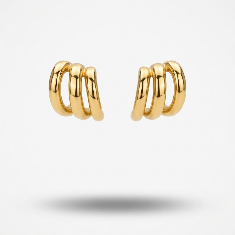 Pair of 18k gold plated hoop earrings featuring a stacked, triple-band design.
