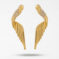 Pair of large 18k gold plated statement drop earrings with a ribbed wing texture and CZ diamond accents at the top on a light gray background