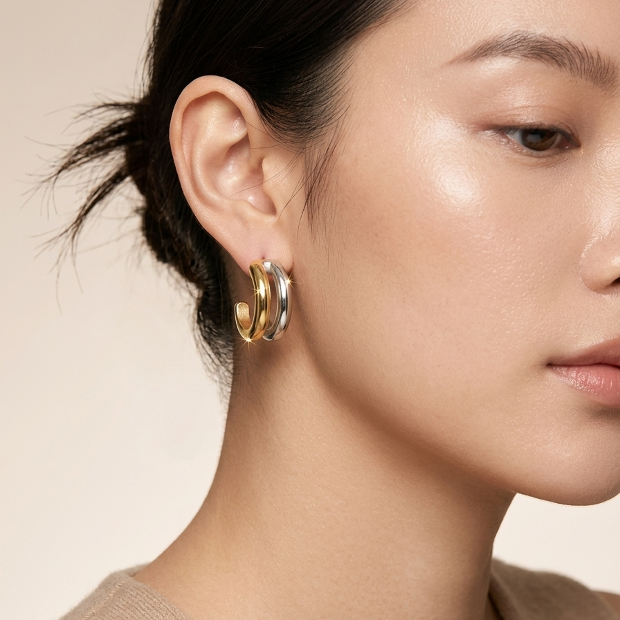Close-up of a woman wearing double hoop earrings, featuring one gold band and one silver band intertwined,  against a neutral background