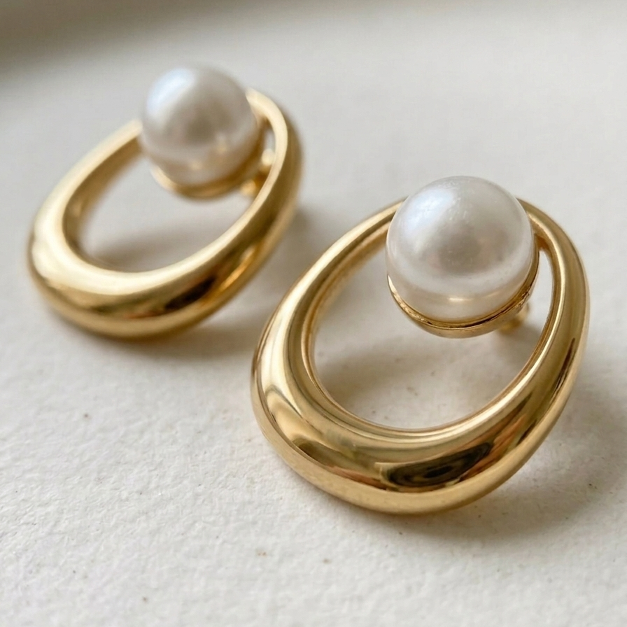 Close up of 18k gold plated stud earrings featuring an open oval design with a single white pearl resting on a white plate.