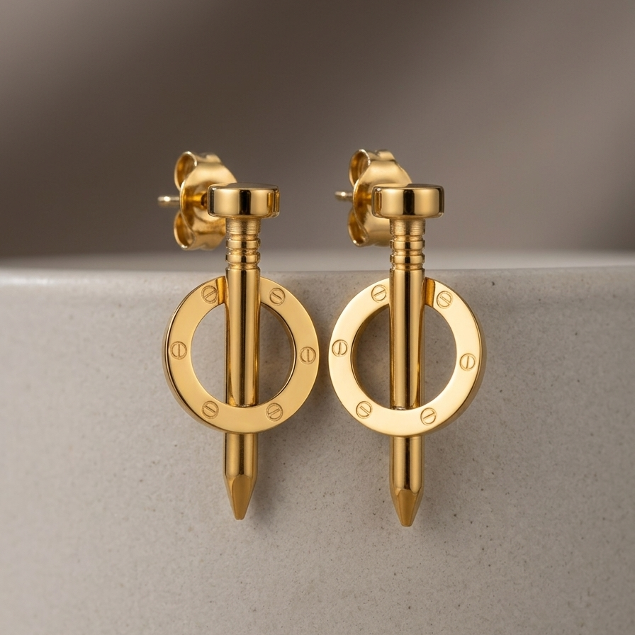 Pair of 18k gold plated statement drop earrings featuring an industrial nail design piercing through a circular halo with screw details.