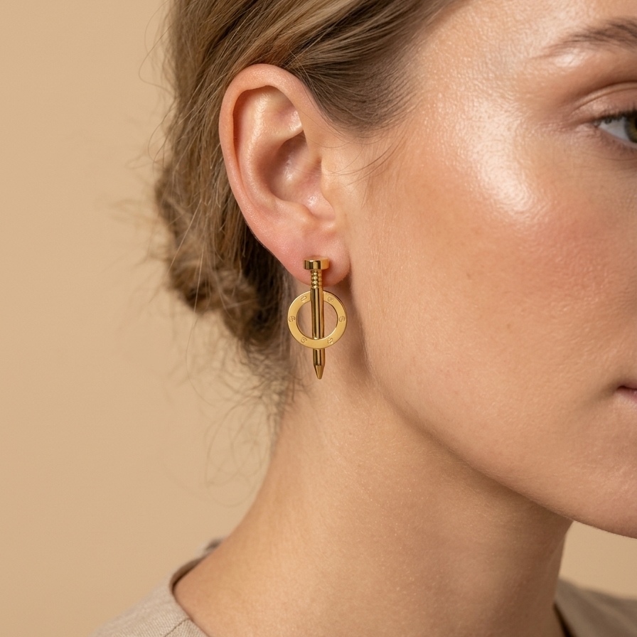 Close-up of a person wearing a Pair of 18k gold plated statement drop earrings featuring an industrial nail design piercing through a circular halo with screw details against a beige background