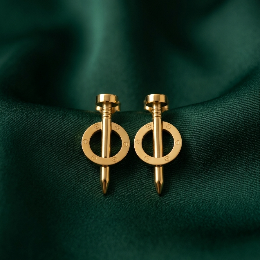 Pair of 18k gold plated statement drop earrings featuring an industrial nail design piercing through a circular halo with screw details on a green fabric.