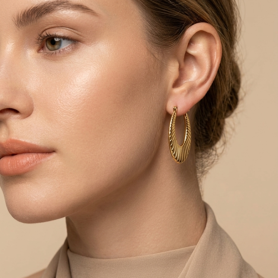 Close-up of a woman wearing 18k gold plated elongated oval hoop earrings featuring a ribbed croissant texture against a beige background