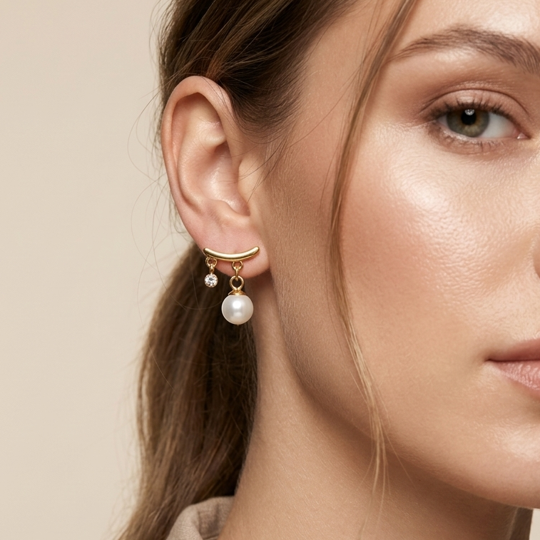 Close-up of a woman wearing 18k gold plated stud earrings featuring a curved gold bar with a dangling white pearl and a smaller dangling CZ diamond, on a white ceramic surface with a neutral background