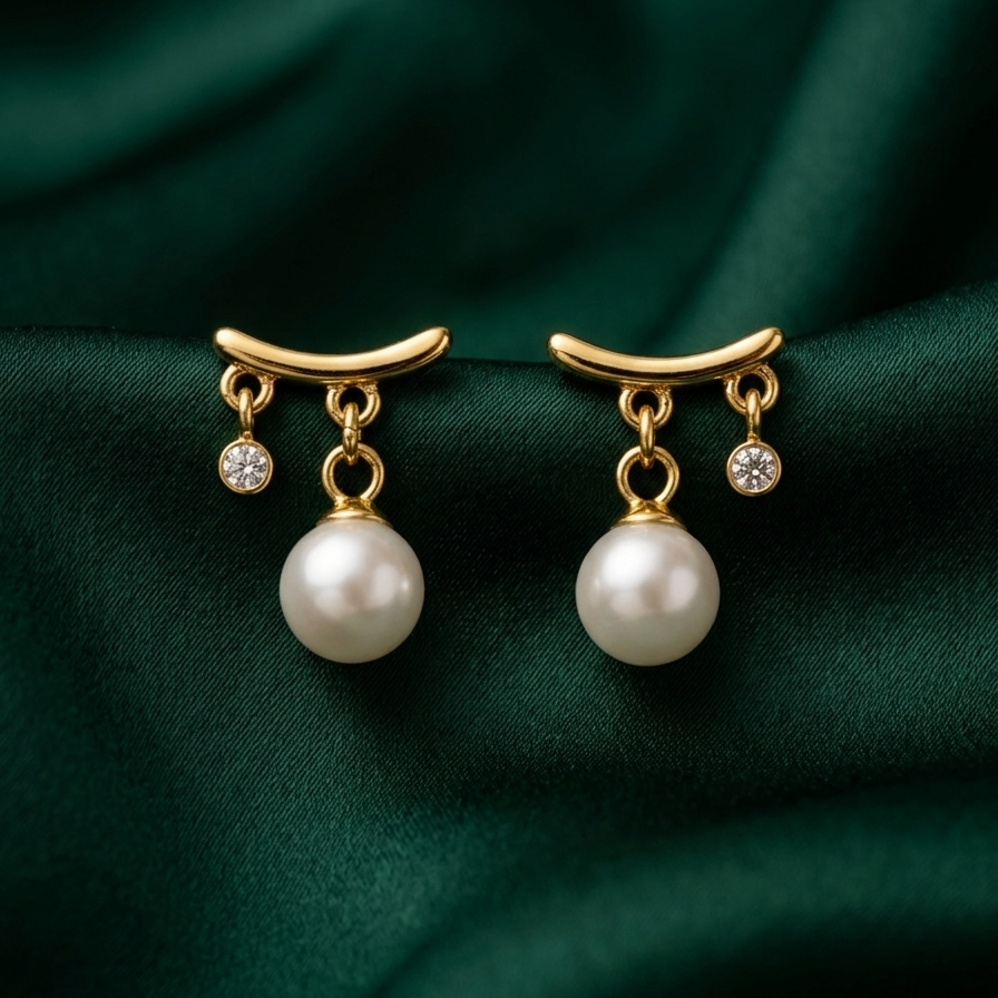 18k gold plated stud earrings featuring a curved gold bar with a dangling white pearl and a smaller dangling CZ diamond on a green fabric background