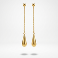 A pair of gold dangle earrings with spherical studs, short chain links, and teardrop-shaped drop pendants, shown against a light gray gradient background.