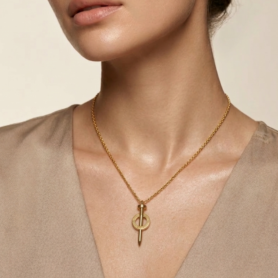 18k gold plated statement necklace featuring an industrial nail design piercing through a circular halo with screw details.