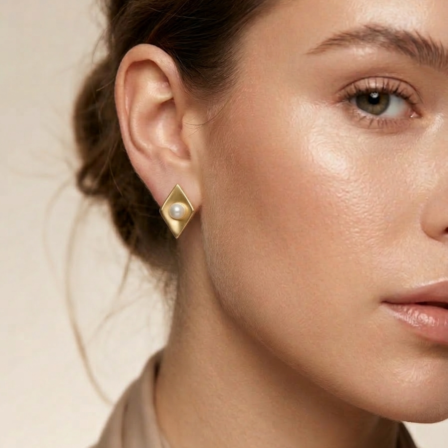 Close-up of a woman wearing 18k gold plated diamond-shaped stud earrings with a brushed matte finish and a single pearl set in the center with a neutral background