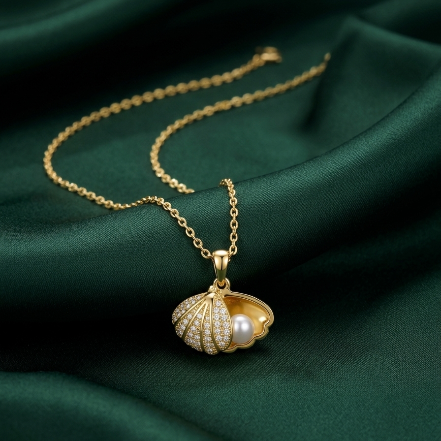 18kt gold plated necklace with a shell pendant featuring a pearl on a green fabric background.