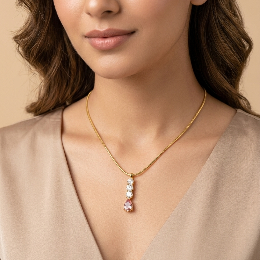 A woman wearing a delicate gold chain necklace with a drop pendant featuring white stones and a pink teardrop crystal, set against a warm beige background.