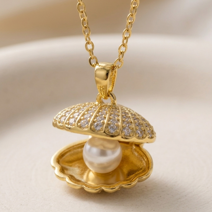 18kt gold plated necklace with a shell pendant containing a pearl on a beige background.
