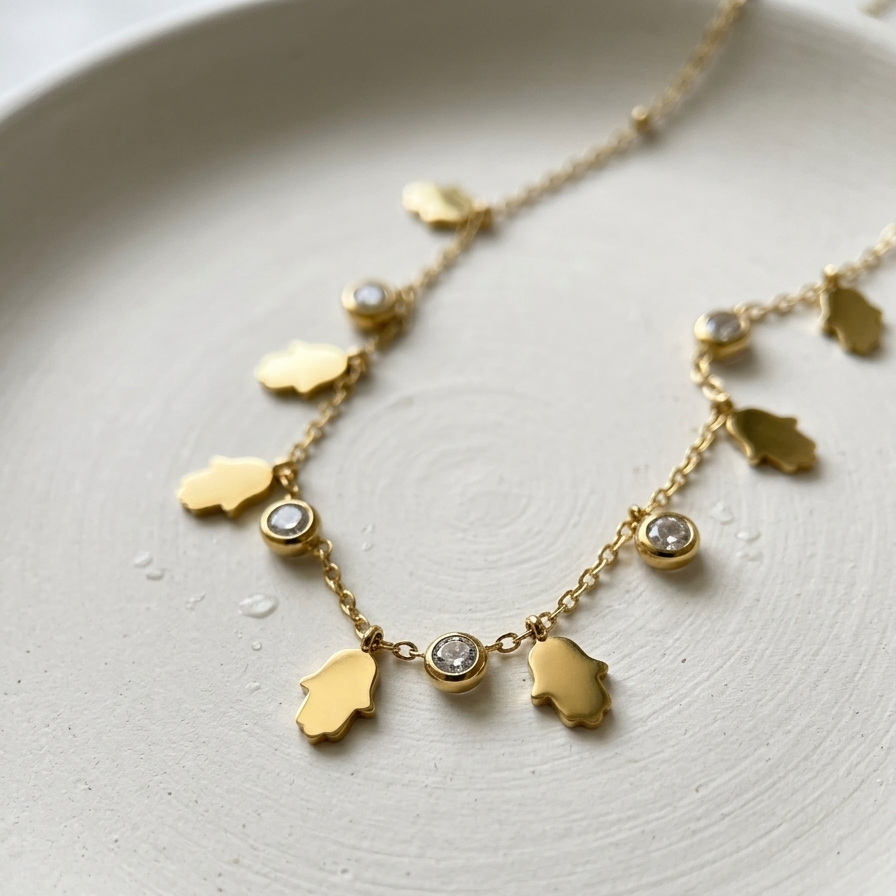 A delicate gold necklace with multiple small hamsa hand charms and a few clear gemstone accents, displayed on a textured white ceramic plate.